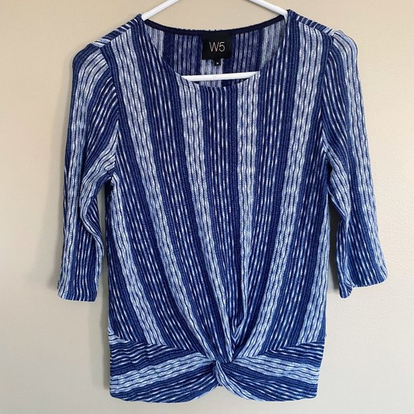 W5 half sleeve striped twist knit blue white top - Picture 1 of 4